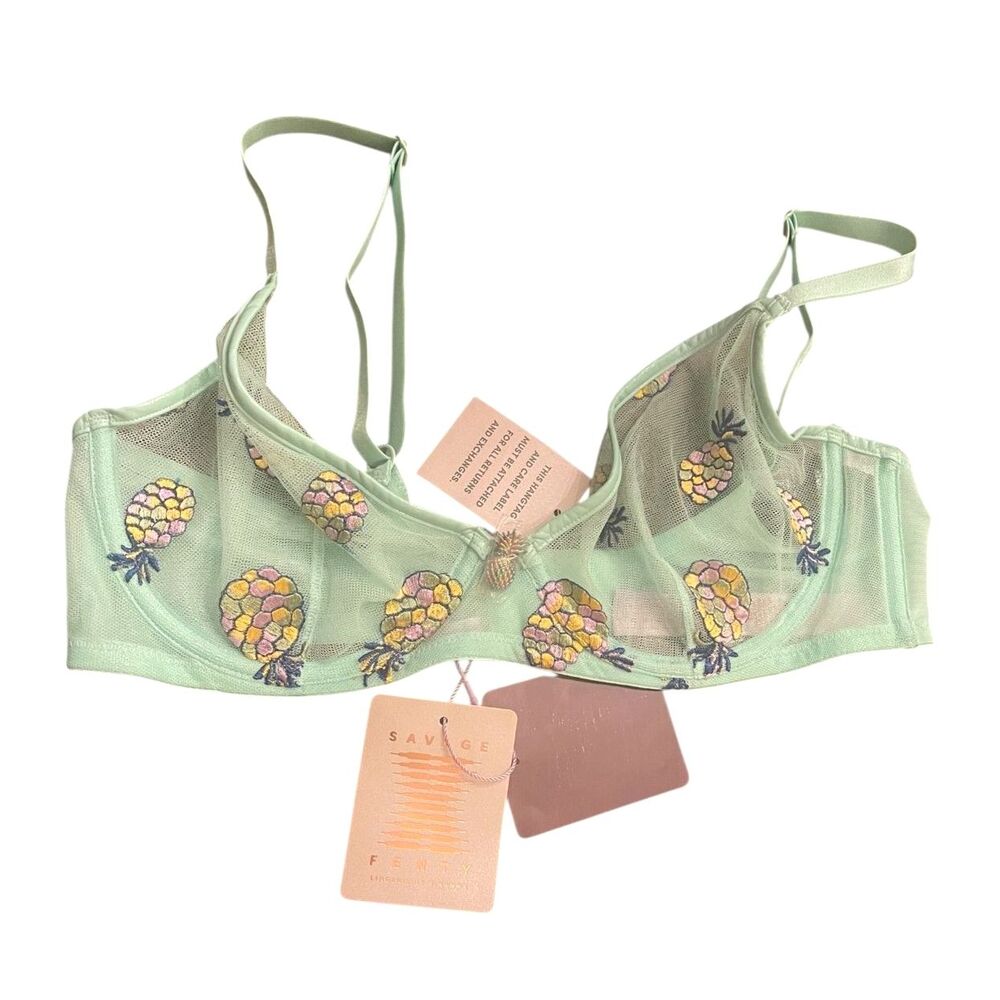 NWT Savage Fenty Bra 36C Sheer Tutti Fruity Embroidered Pineapples Mint Green